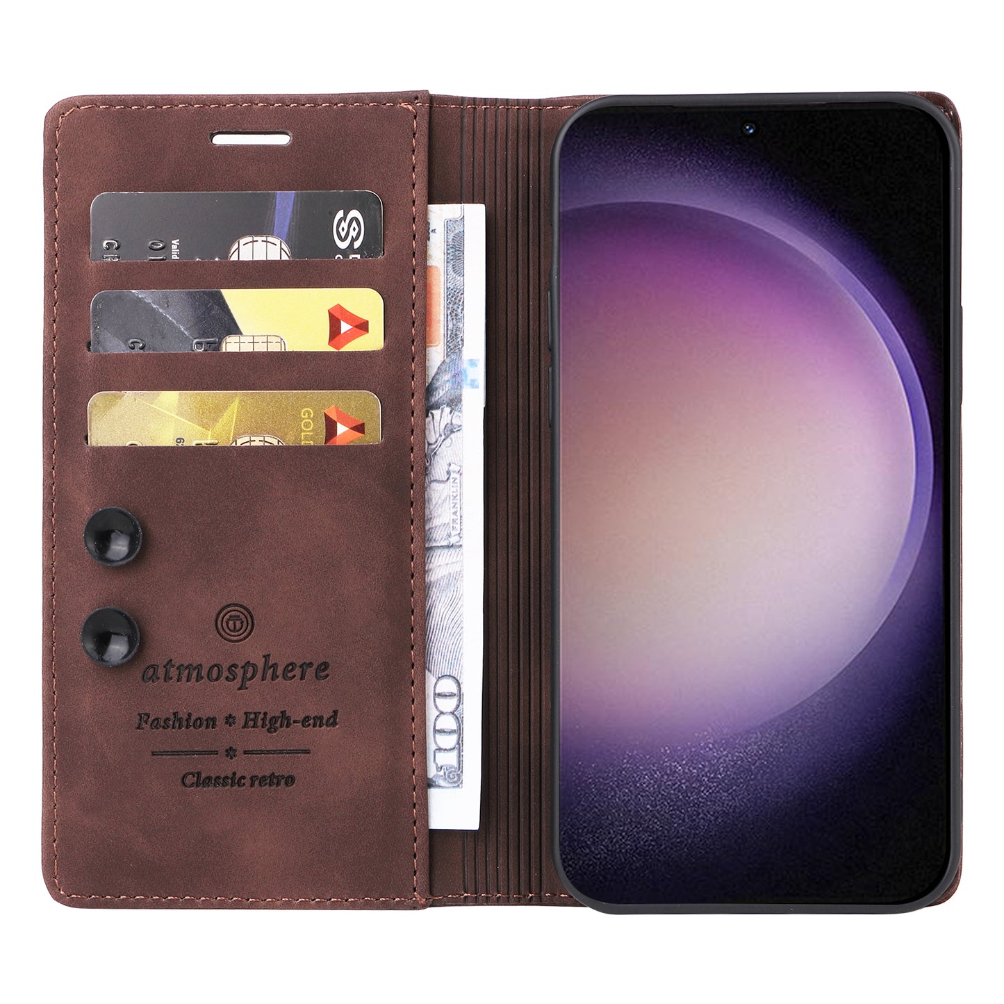 006 Series For Samsung Galaxy S24 Case Stand Leather Cover with Suction Cups Closure - Coffee