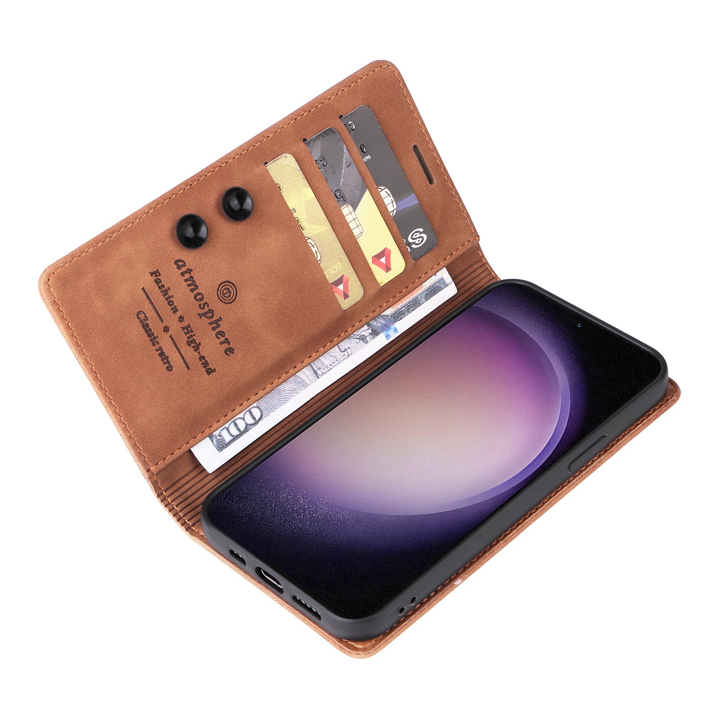006 Series For Samsung Galaxy S24 Case Stand Leather Cover with Suction Cups Closure - Brown