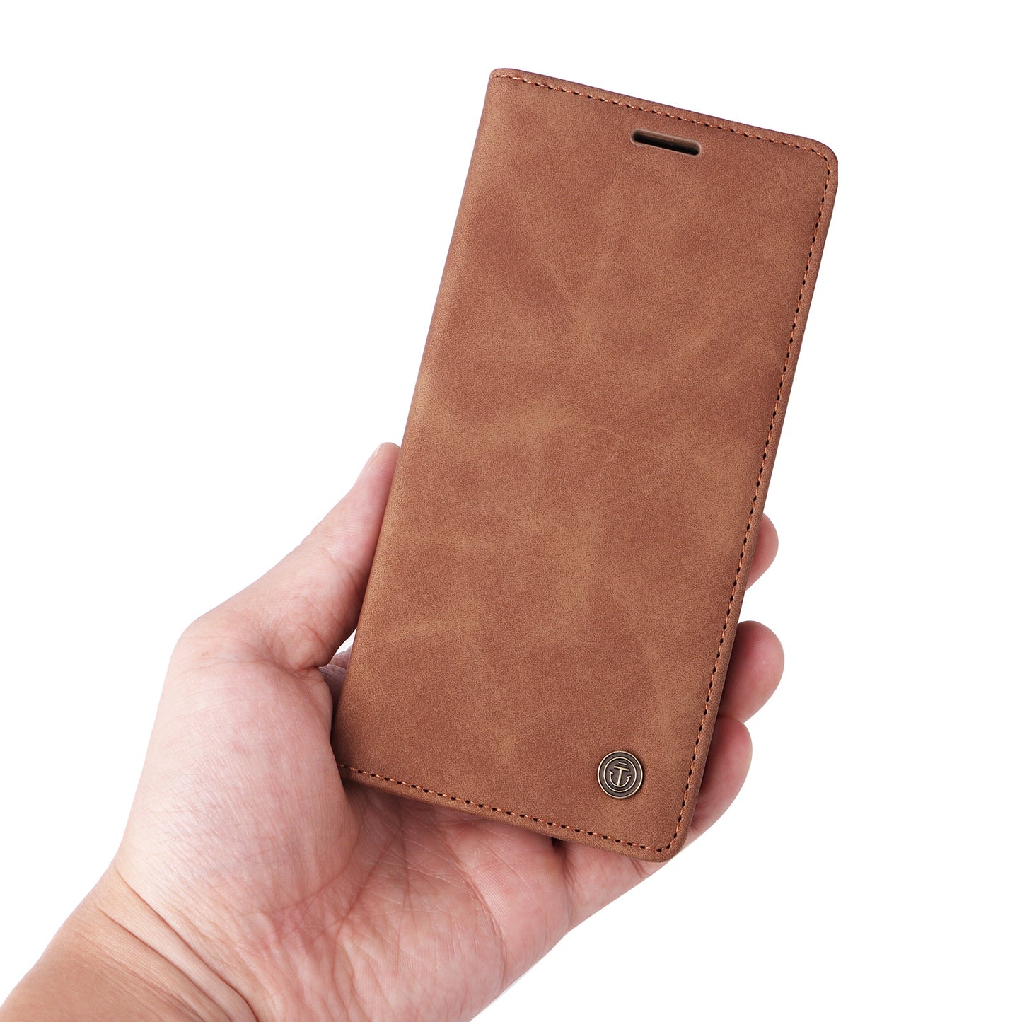 006 Series For Samsung Galaxy S24 Case Stand Leather Cover with Suction Cups Closure - Brown