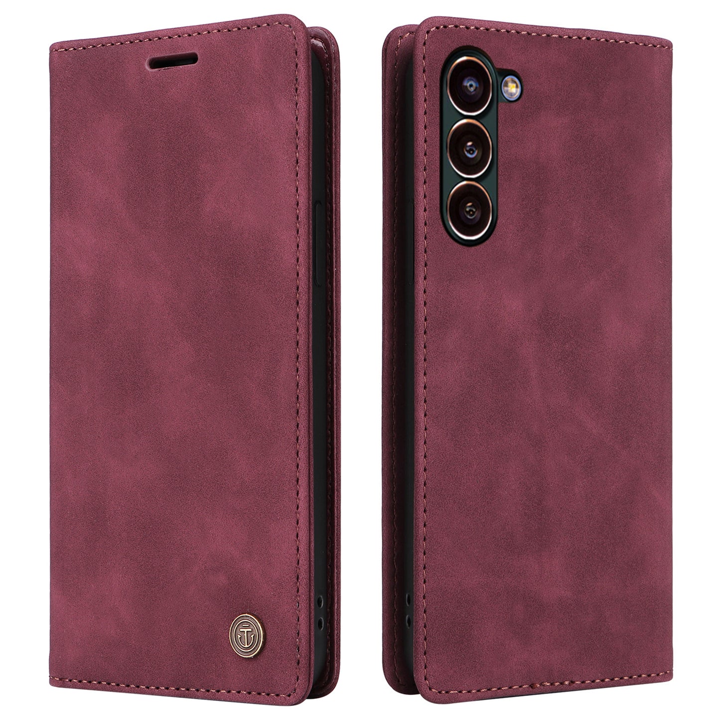 006 Series For Samsung Galaxy S24 Case Stand Leather Cover with Suction Cups Closure - Wine Red