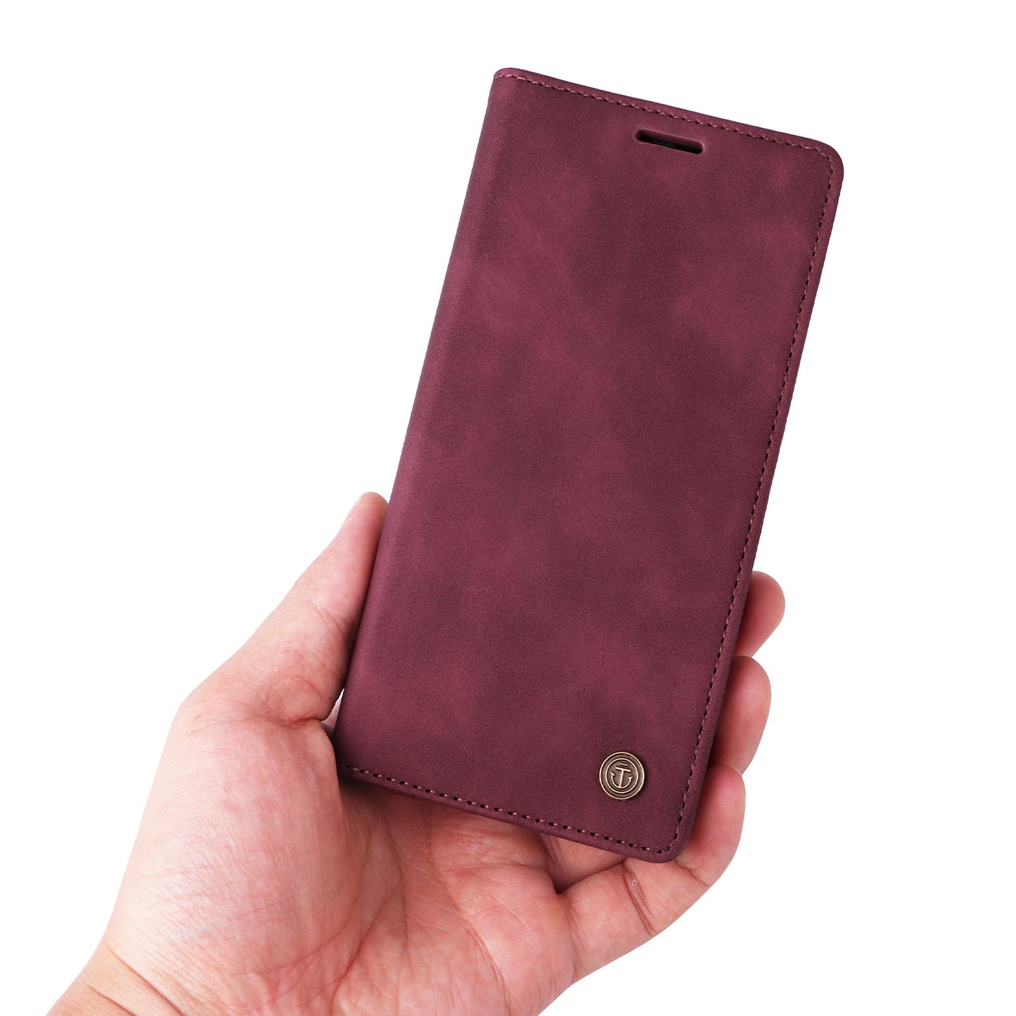 006 Series For Samsung Galaxy S24 Ultra Case PU Leather Folding Stand Cover with Suction Cups Closure - Wine Red