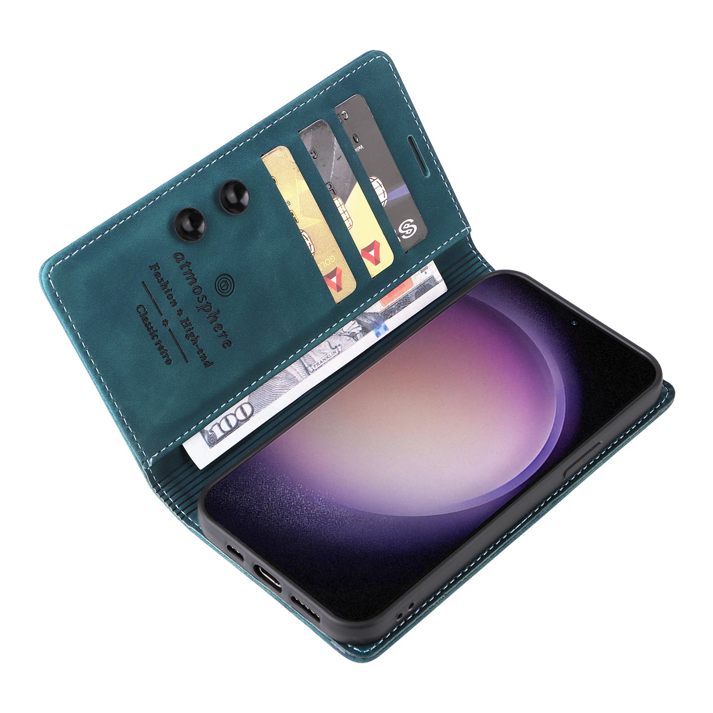 006 Series For Samsung Galaxy S24+ Case Phone Wallet PU Leather Cover with Suction Cups Closure - Green