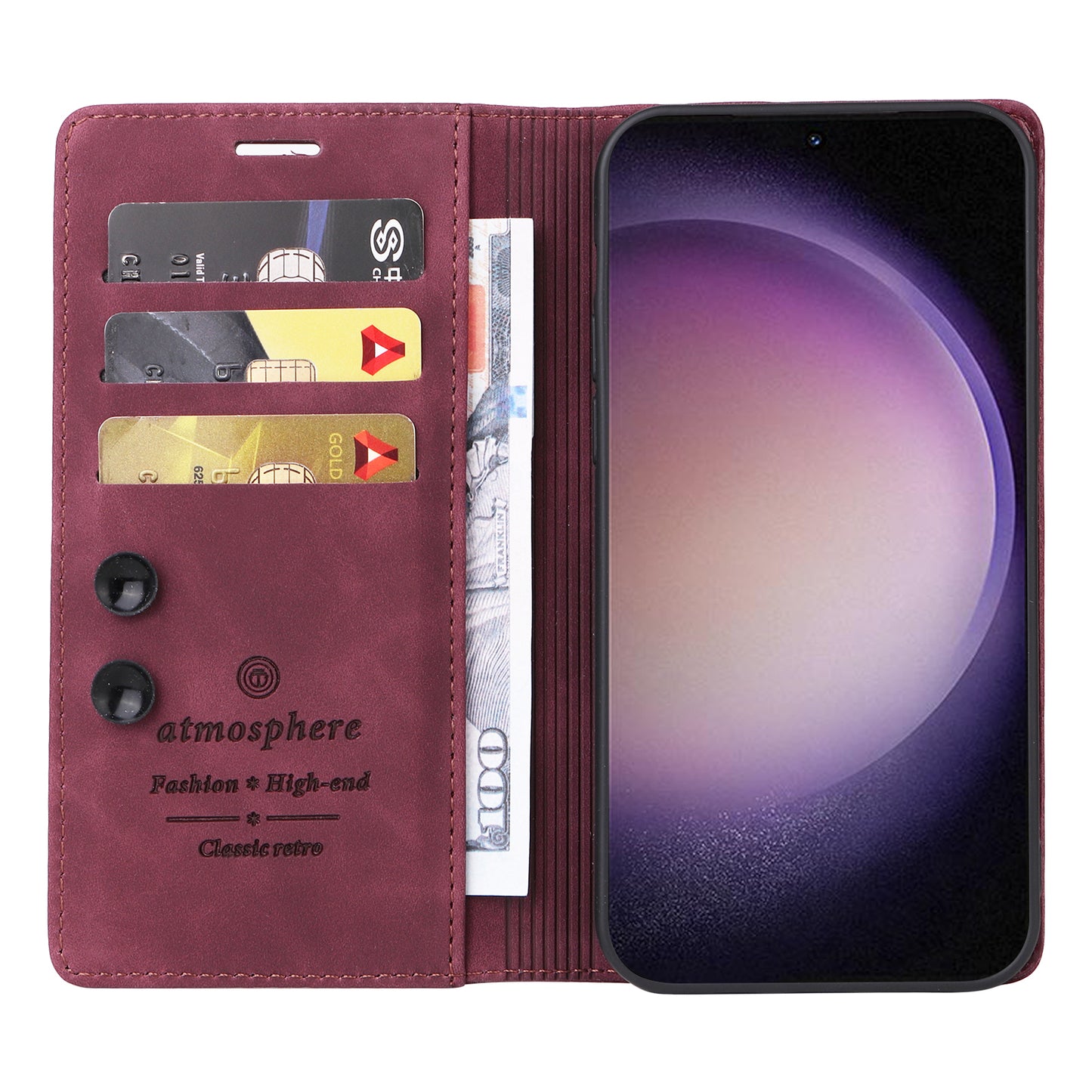 006 Series For Samsung Galaxy S24+ Case Phone Wallet PU Leather Cover with Suction Cups Closure - Wine Red