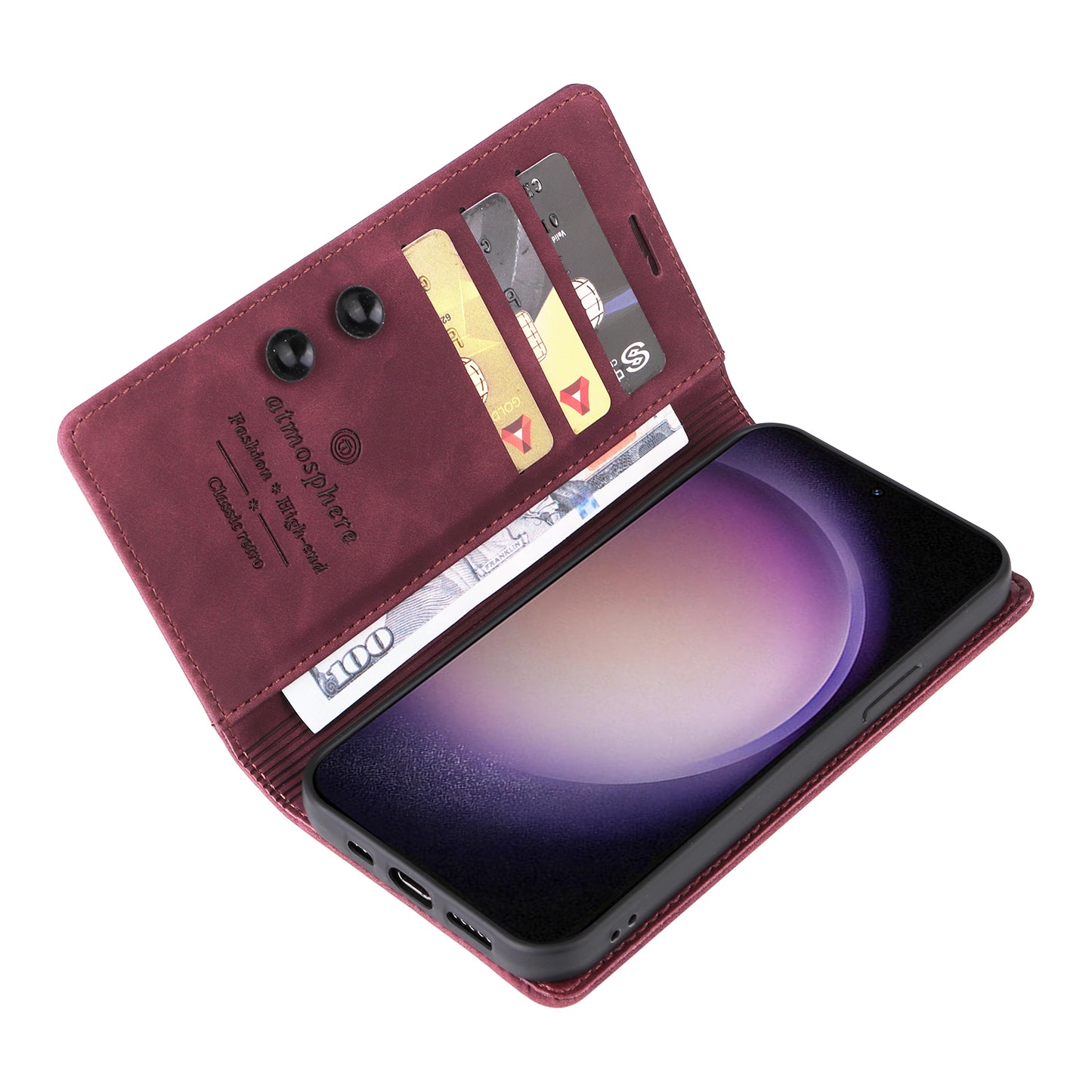 006 Series For Samsung Galaxy S24+ Case Phone Wallet PU Leather Cover with Suction Cups Closure - Wine Red
