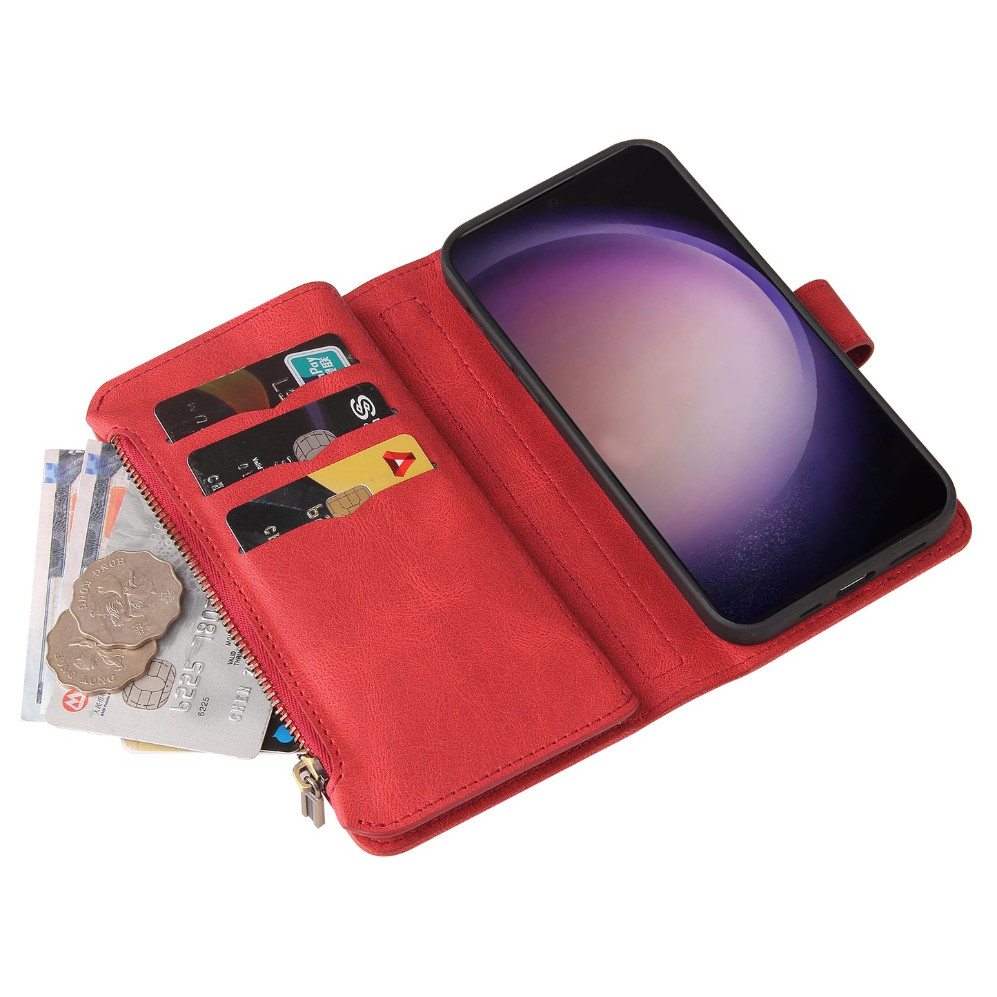 KT Multi-Functional Series-2 For Samsung Galaxy S24 Ultra Cover Zipper Wallet Stand Leather Phone Case - Red