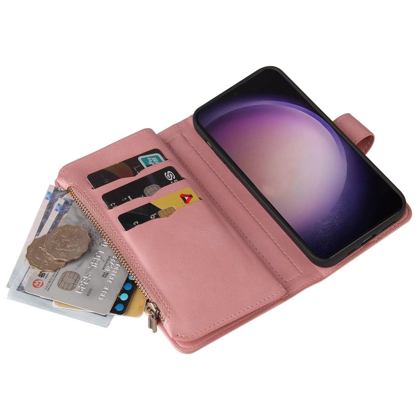 KT Multi-Functional Series-2 For Samsung Galaxy S24 Ultra Cover Zipper Wallet Stand Leather Phone Case - Pink