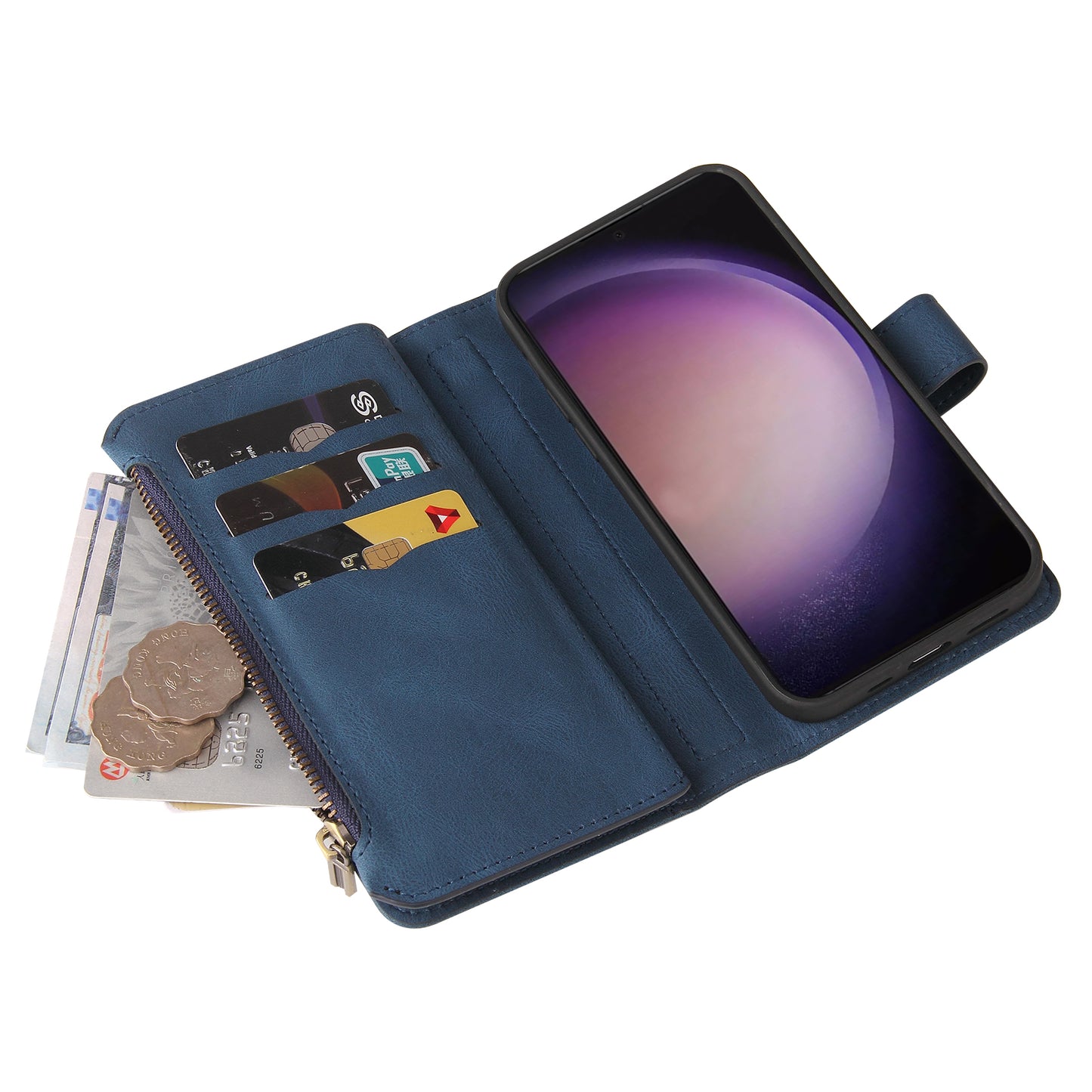 KT Multi-Functional Series-2 For Samsung Galaxy S24 Ultra Cover Zipper Wallet Stand Leather Phone Case - Blue