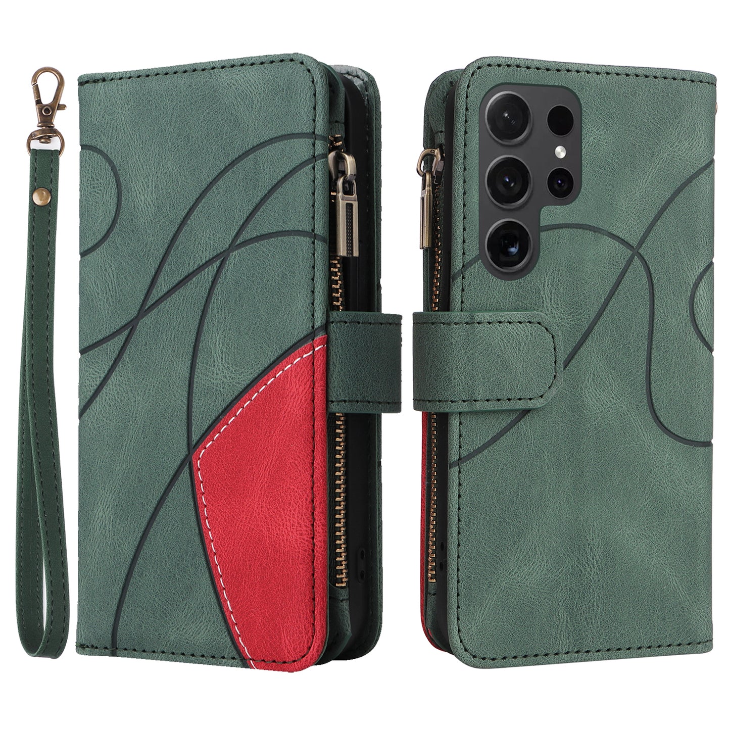 KT Multi-function Series-5 For Samsung Galaxy S24 Ultra Case PU Leather Splicing Wallet Stand Phone Cover - Green