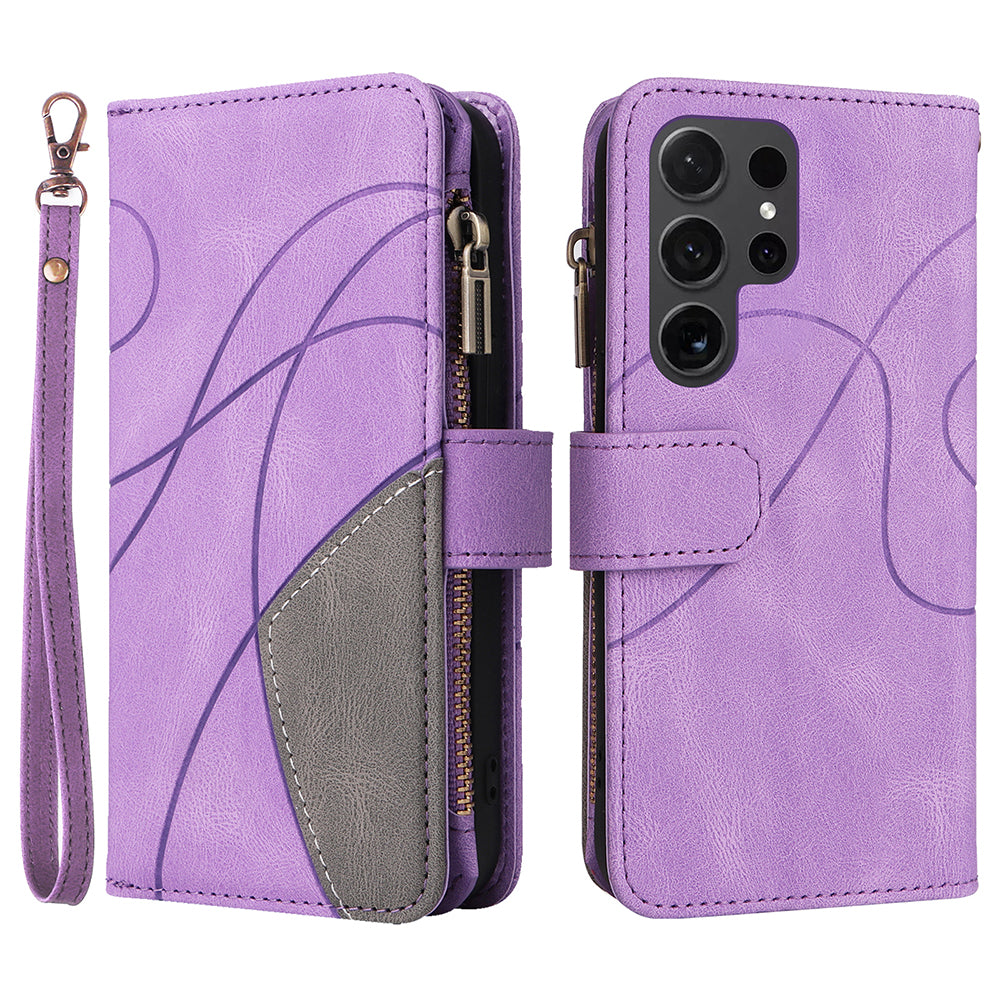 KT Multi-function Series-5 For Samsung Galaxy S24 Ultra Case PU Leather Splicing Wallet Stand Phone Cover - Light Purple