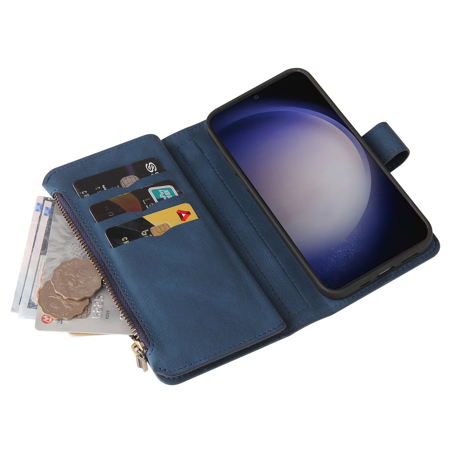 KT Multi-Functional Series-2 For Samsung Galaxy S24+ Cover Zipper Wallet Multiple Card Slots Phone Case - Blue