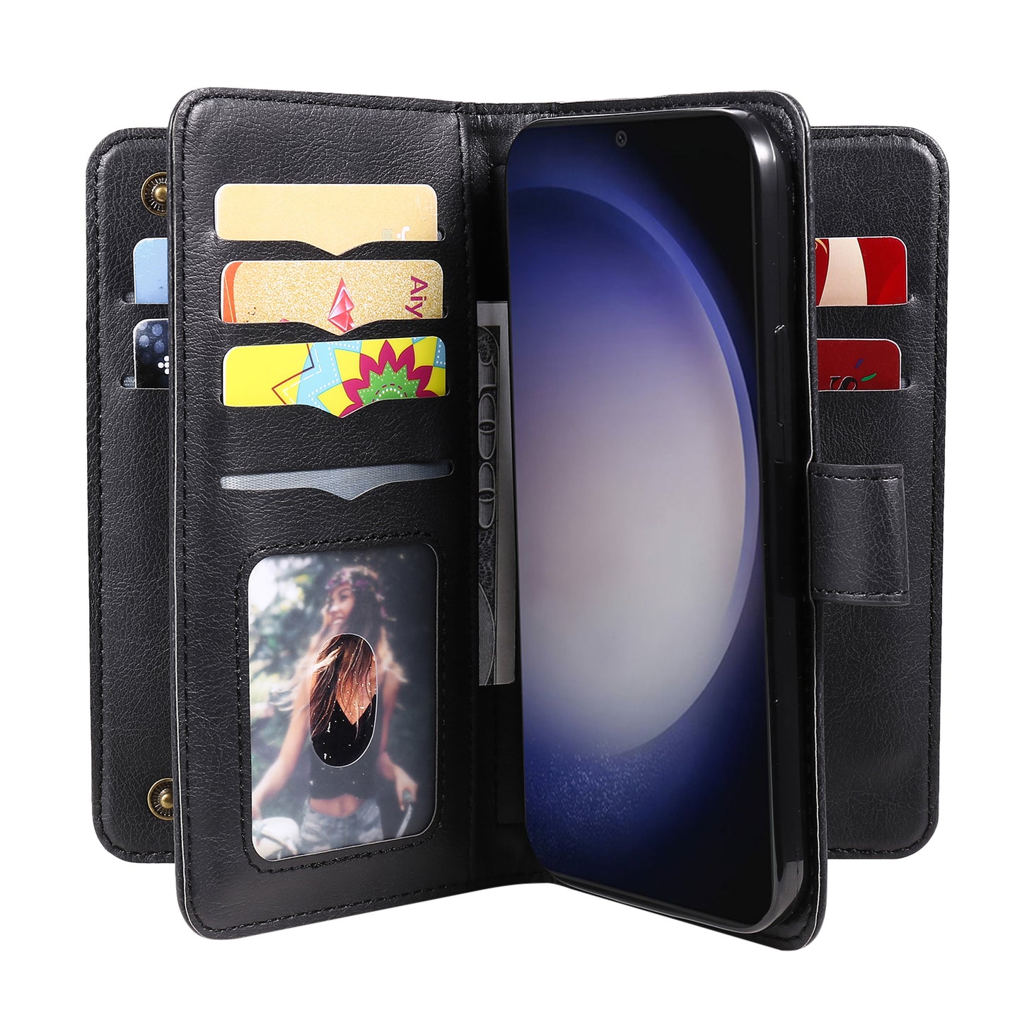 KT Multi-functional Series-1 For Samsung Galaxy S24 Case Multiple Card Slots Leather Phone Cover - Black