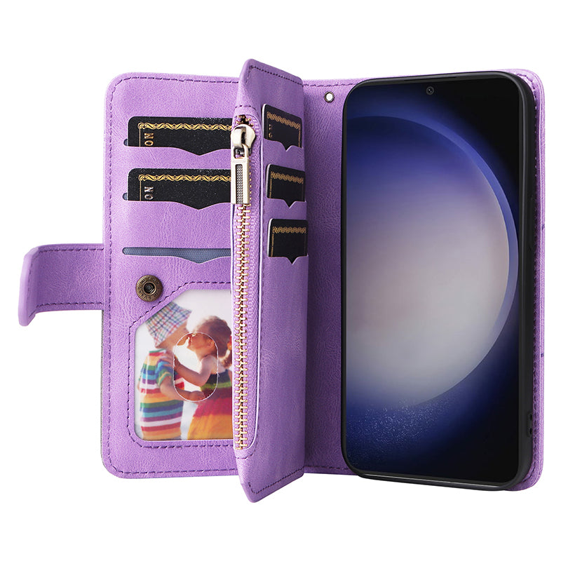 KT Multi-function Series-5 Phone Shell For Samsung Galaxy S24 Leather Wallet Stand Case 9 Card Slots Cover - Light Purple