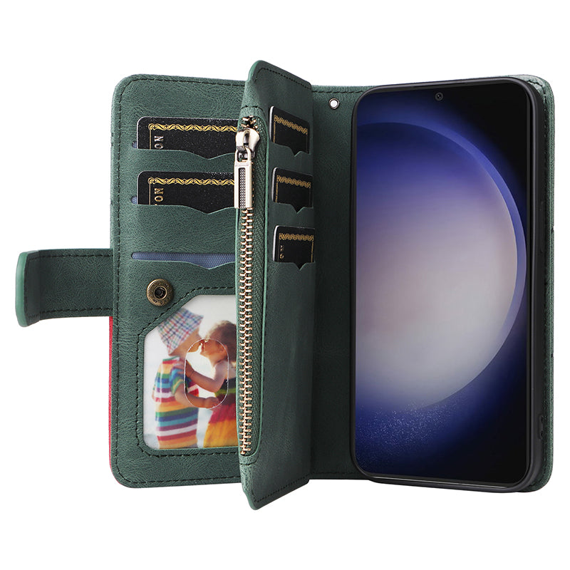 KT Multi-function Series-5 Phone Shell For Samsung Galaxy S24 Leather Wallet Stand Case 9 Card Slots Cover - Green