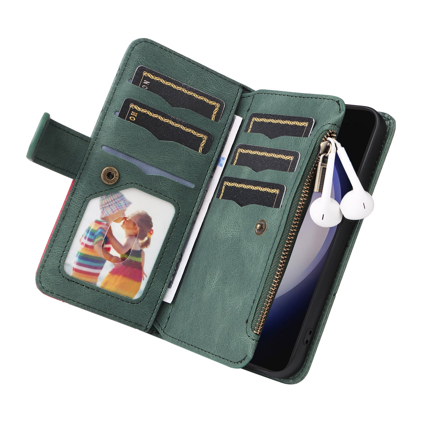 KT Multi-function Series-5 Phone Shell For Samsung Galaxy S24 Leather Wallet Stand Case 9 Card Slots Cover - Green