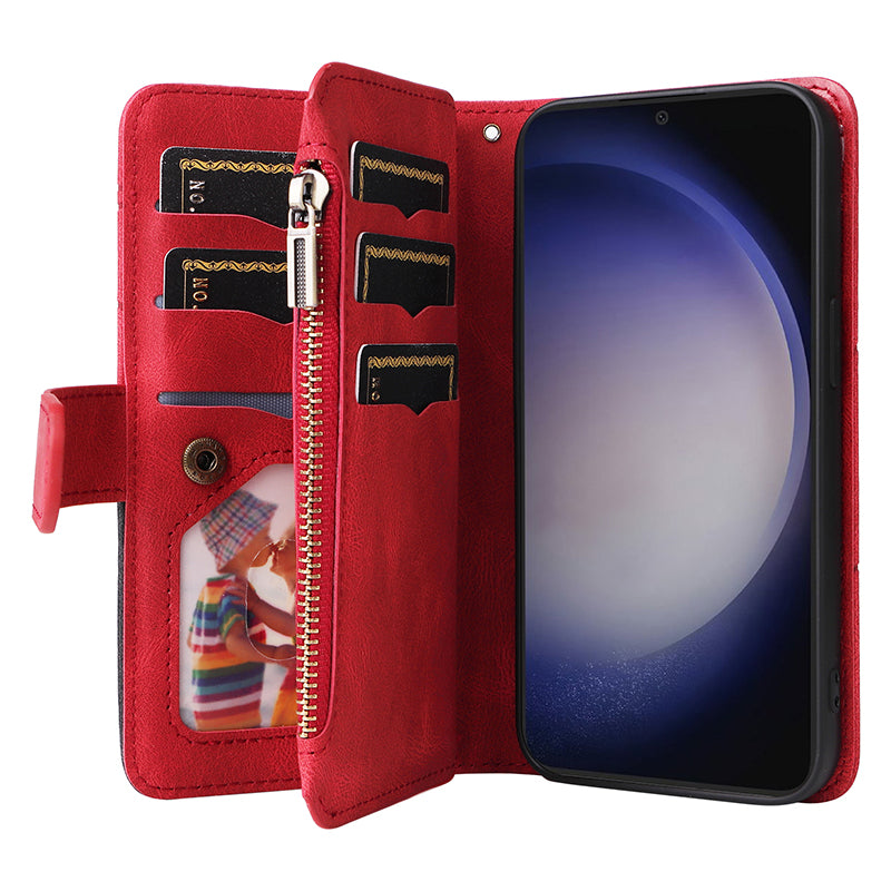 KT Multi-function Series-5 Phone Shell For Samsung Galaxy S24 Leather Wallet Stand Case 9 Card Slots Cover - Red