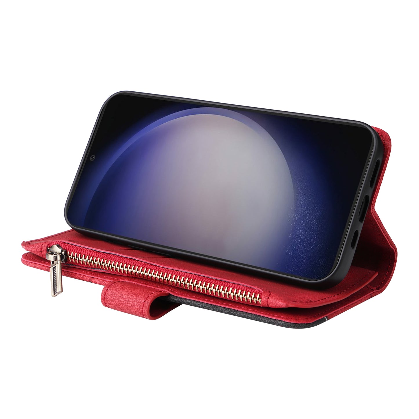 KT Multi-function Series-5 Phone Shell For Samsung Galaxy S24 Leather Wallet Stand Case 9 Card Slots Cover - Red