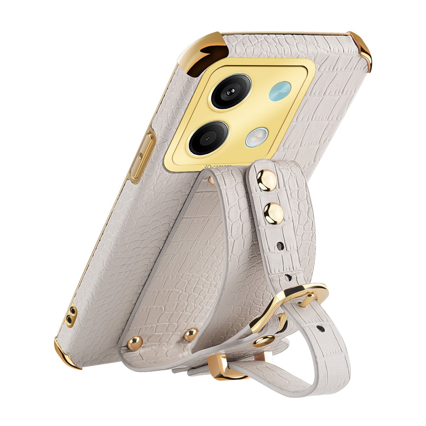 For Xiaomi Redmi Note 13 5G Case 6D Electroplating PU Leather+TPU Phone Cover with Wristband Kickstand - White