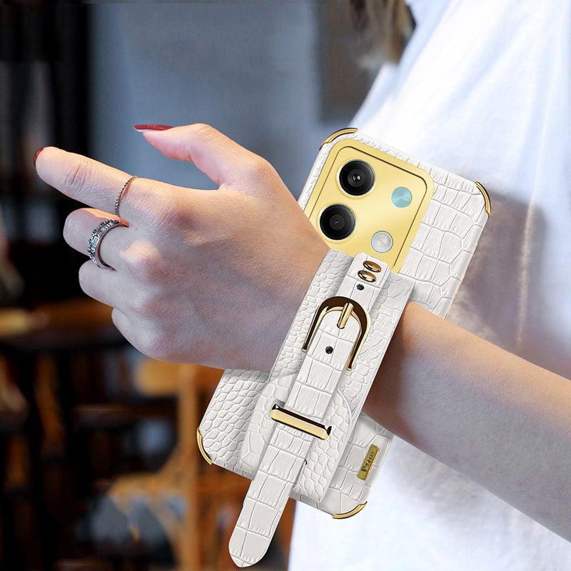 For Xiaomi Redmi Note 13 5G Case 6D Electroplating PU Leather+TPU Phone Cover with Wristband Kickstand - White