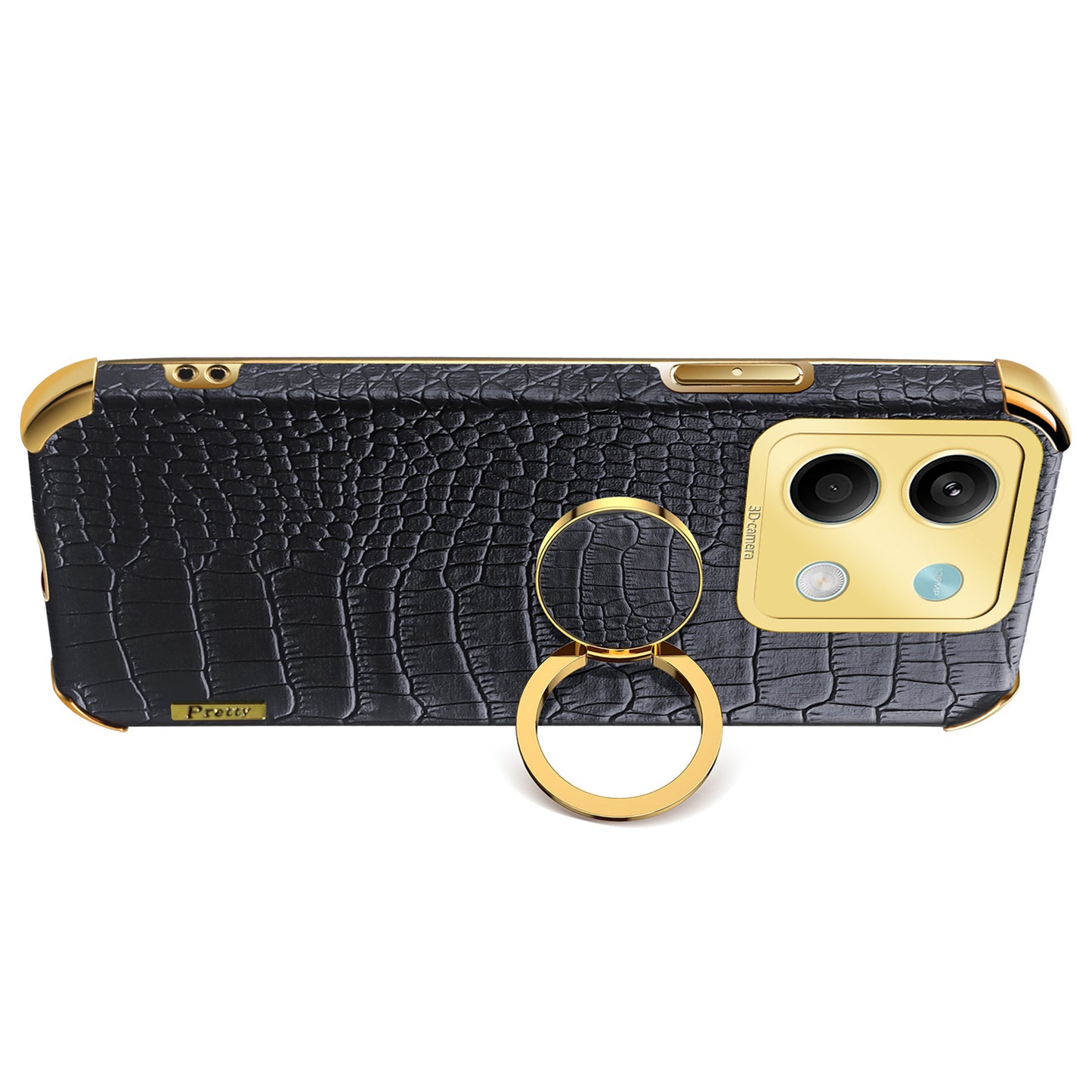 For Xiaomi Redmi Note 13 5G Case Crocodile Texture Leather+TPU Phone Shell Protector with Ring Kickstand - Black