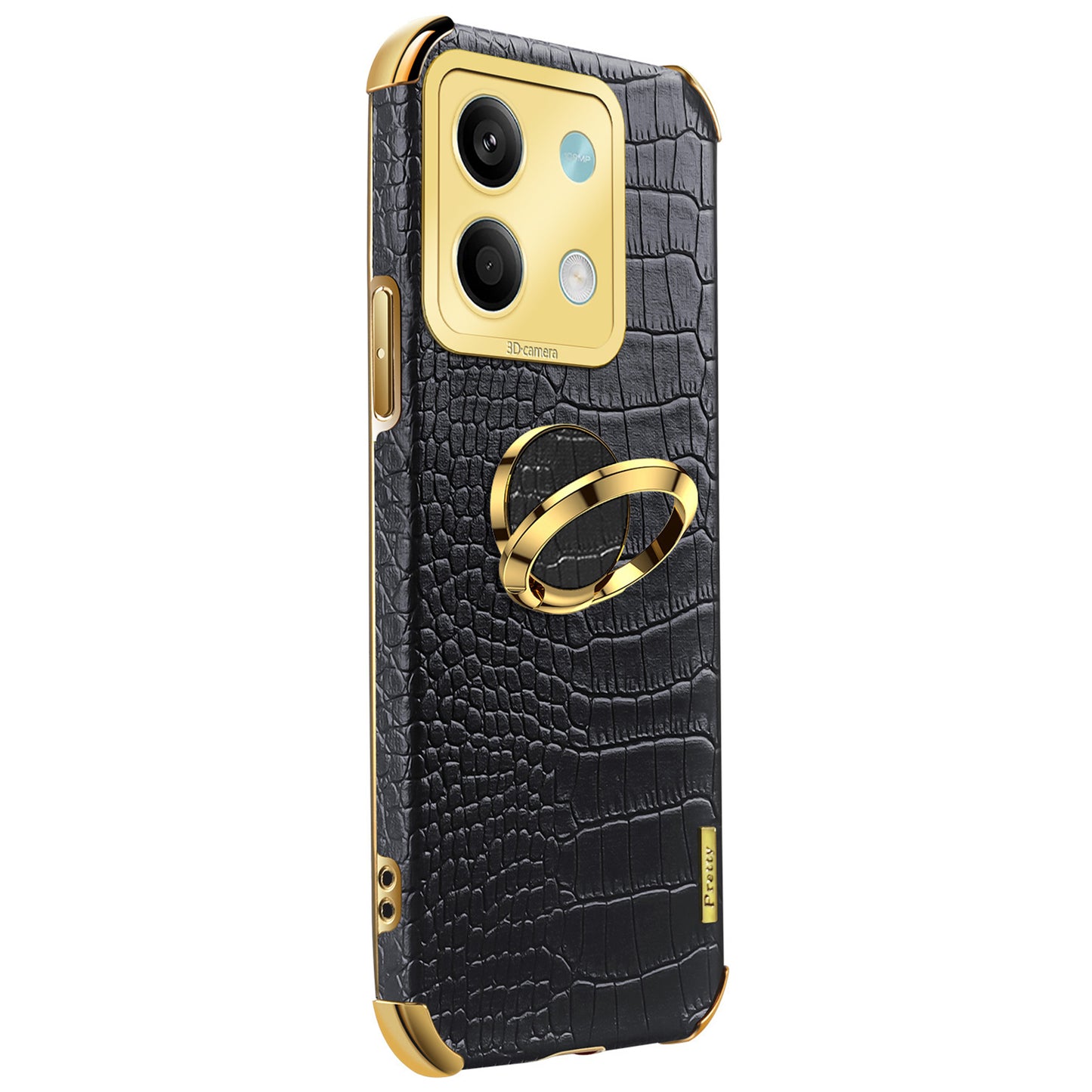 For Xiaomi Redmi Note 13 5G Case Crocodile Texture Leather+TPU Phone Shell Protector with Ring Kickstand - Black