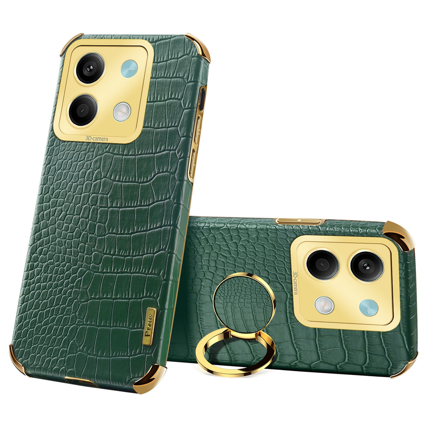 For Xiaomi Redmi Note 13 5G Case Crocodile Texture Leather+TPU Phone Shell Protector with Ring Kickstand - Green