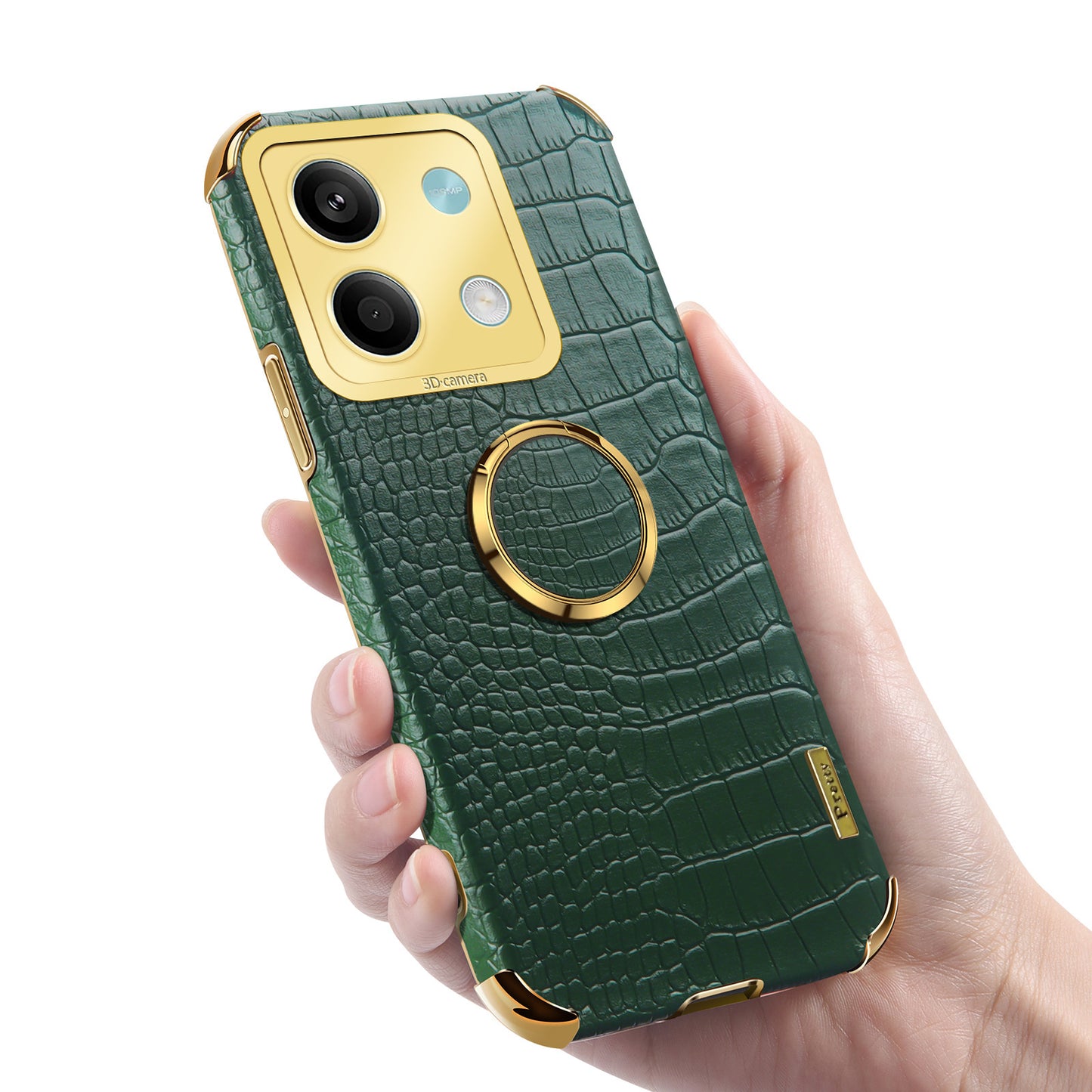 For Xiaomi Redmi Note 13 5G Case Crocodile Texture Leather+TPU Phone Shell Protector with Ring Kickstand - Green