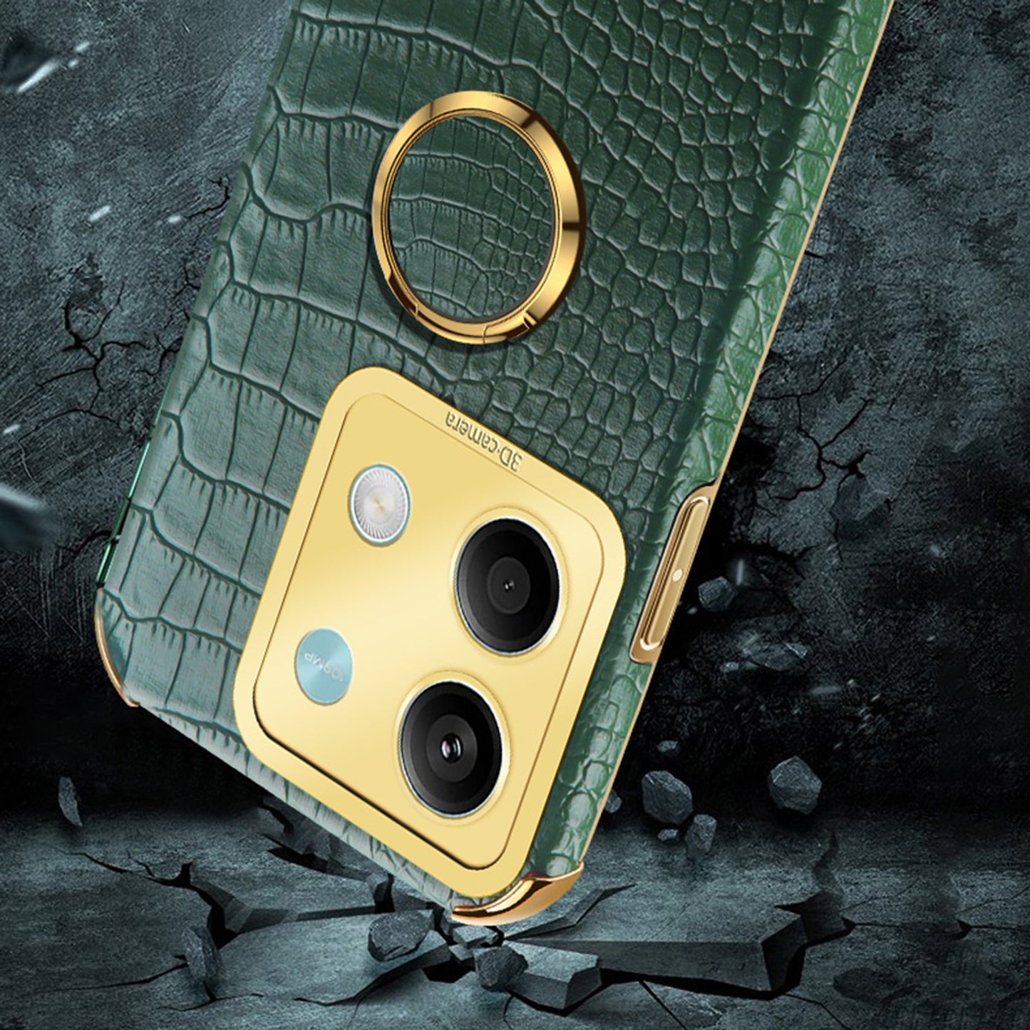 For Xiaomi Redmi Note 13 5G Case Crocodile Texture Leather+TPU Phone Shell Protector with Ring Kickstand - Green