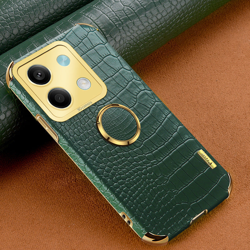 For Xiaomi Redmi Note 13 5G Case Crocodile Texture Leather+TPU Phone Shell Protector with Ring Kickstand - Green