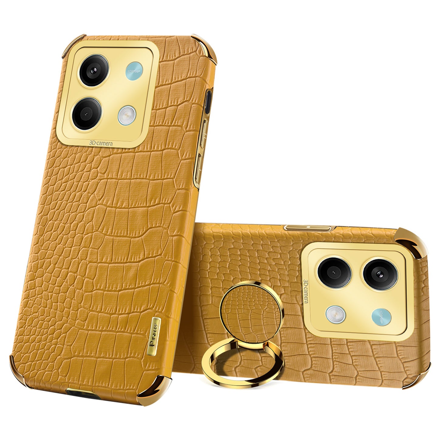 For Xiaomi Redmi Note 13 5G Case Crocodile Texture Leather+TPU Phone Shell Protector with Ring Kickstand - Yellow
