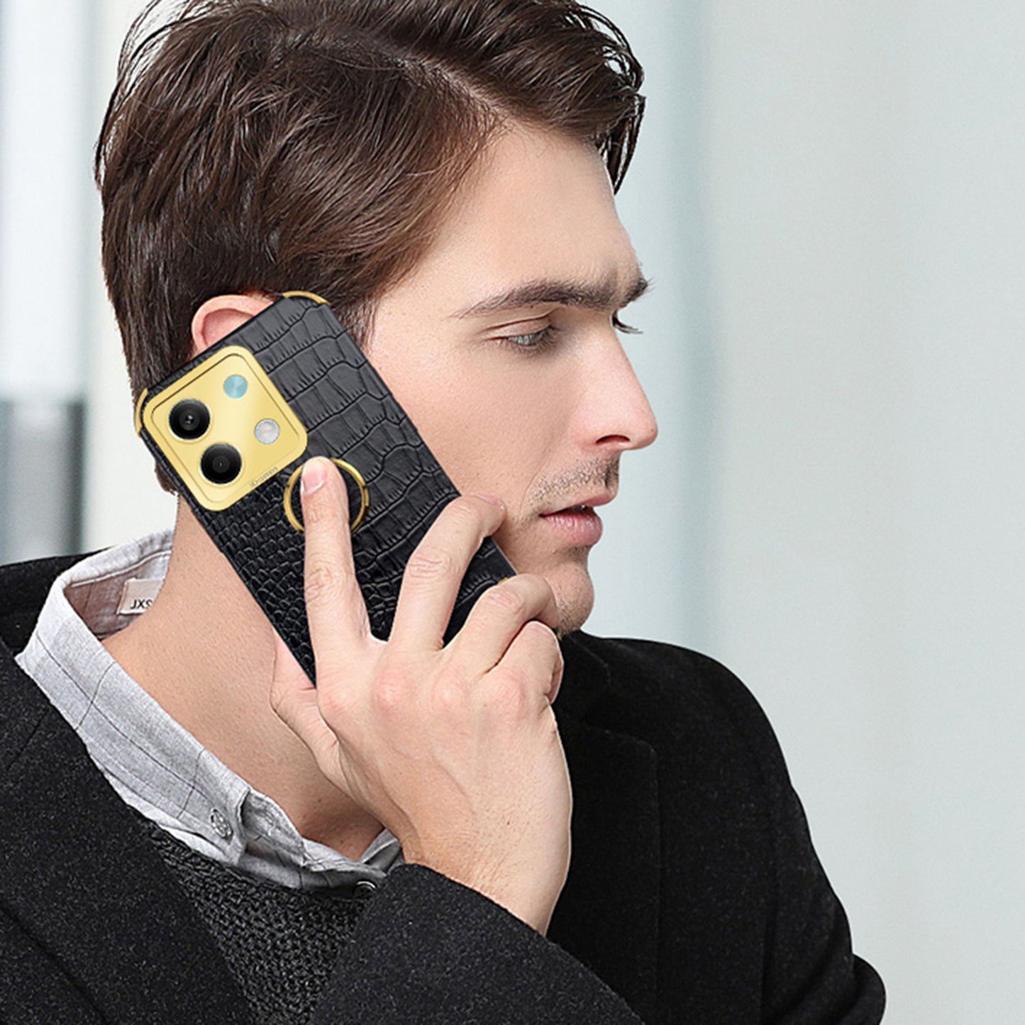 For Xiaomi Redmi Note 13 5G Case Crocodile Texture Leather+TPU Phone Shell Protector with Ring Kickstand - Yellow