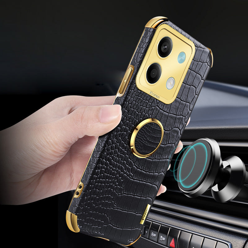 For Xiaomi Redmi Note 13 5G Case Crocodile Texture Leather+TPU Phone Shell Protector with Ring Kickstand - White