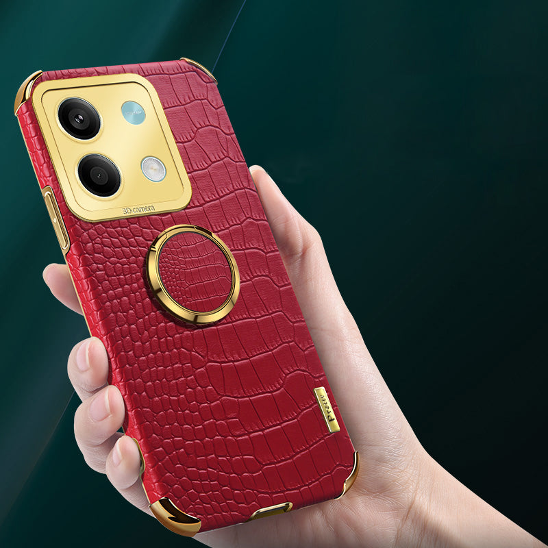 For Xiaomi Redmi Note 13 5G Case Crocodile Texture Leather+TPU Phone Shell Protector with Ring Kickstand - Red
