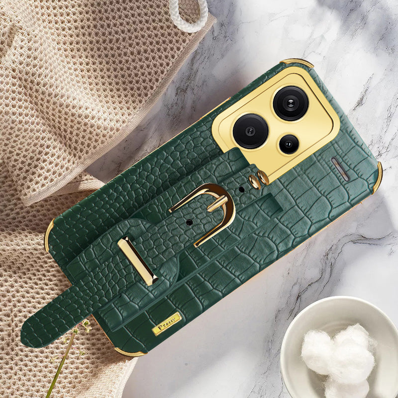 For Xiaomi Redmi Note 13 Pro+ 5G Case Crocodile Texture Wristband Electroplating Phone Cover - Green