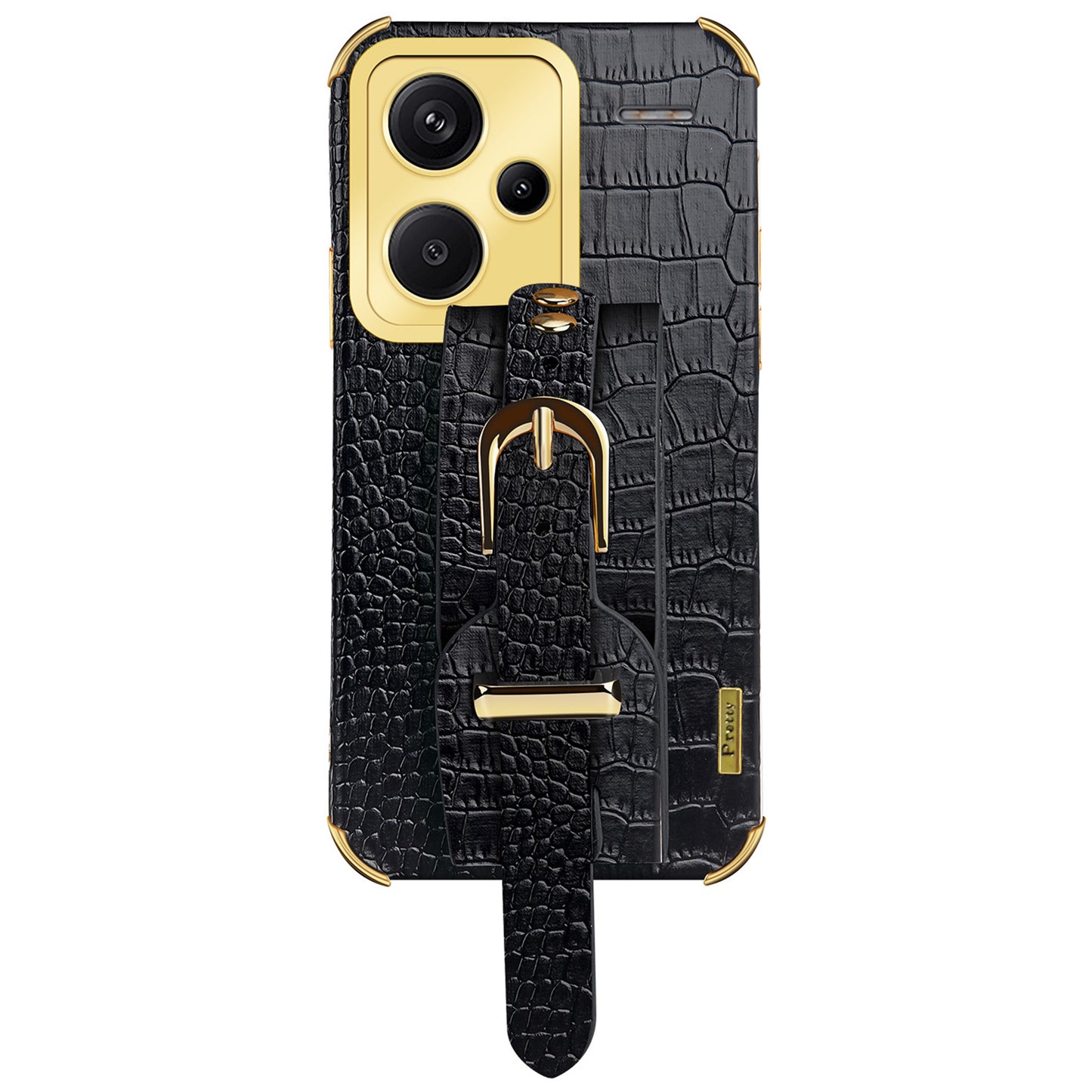 For Xiaomi Redmi Note 13 Pro+ 5G Case Crocodile Texture Wristband Electroplating Phone Cover - Black