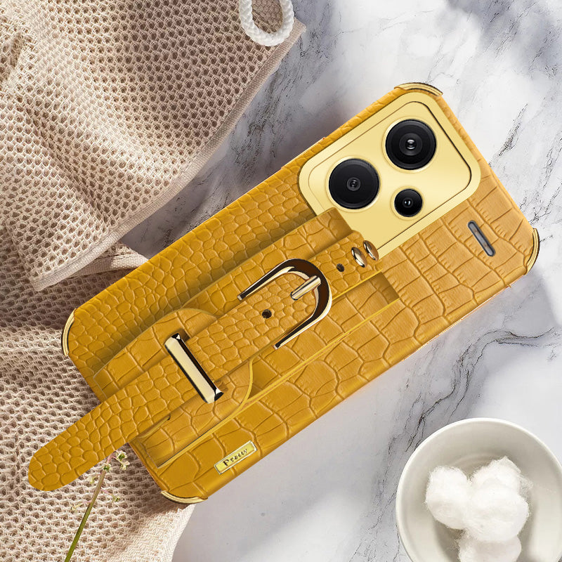 For Xiaomi Redmi Note 13 Pro+ 5G Case Crocodile Texture Wristband Electroplating Phone Cover - Yellow