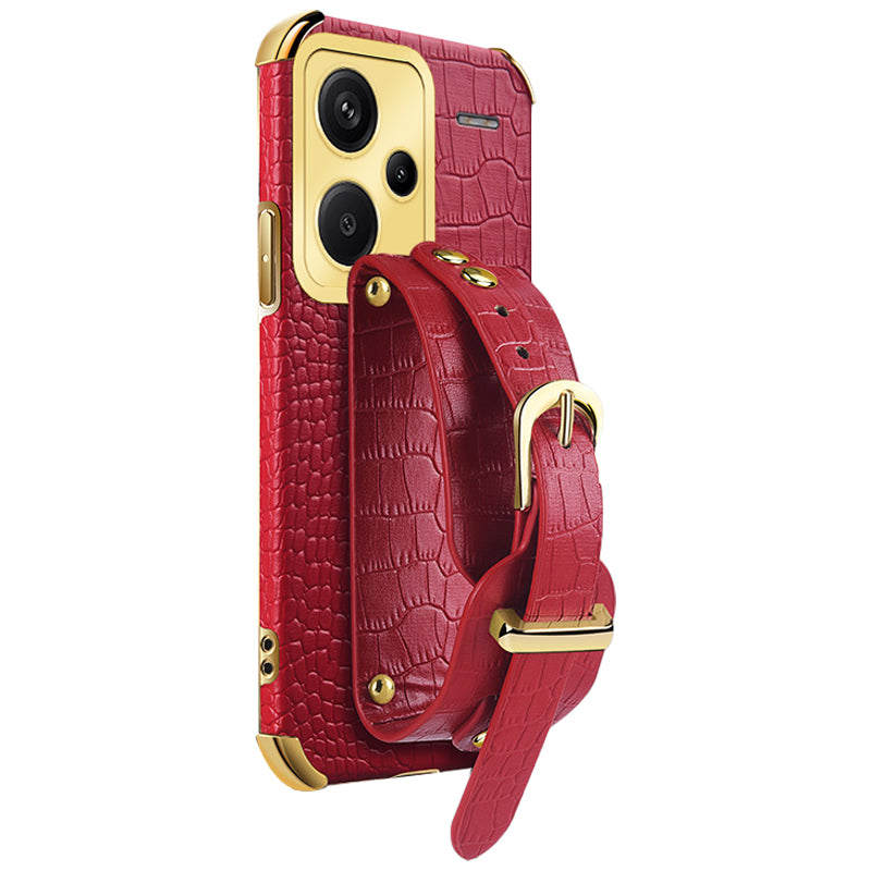For Xiaomi Redmi Note 13 Pro+ 5G Case Crocodile Texture Wristband Electroplating Phone Cover - Red