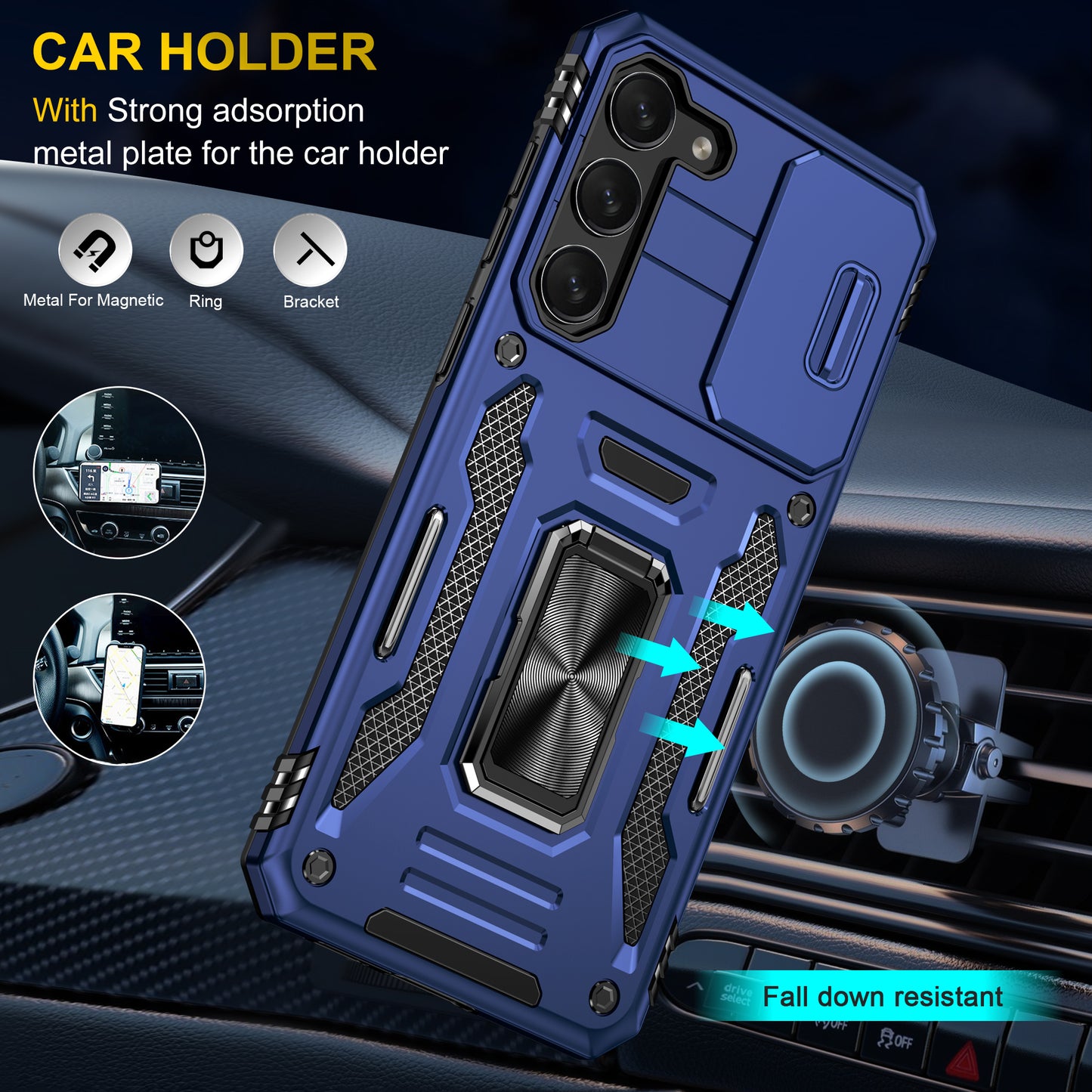 Armor Series For Samsung Galaxy S24 Case PC+TPU Shockproof Kickstand Smart Phone Back Protector with Slide Lens Lid - Navy Blue