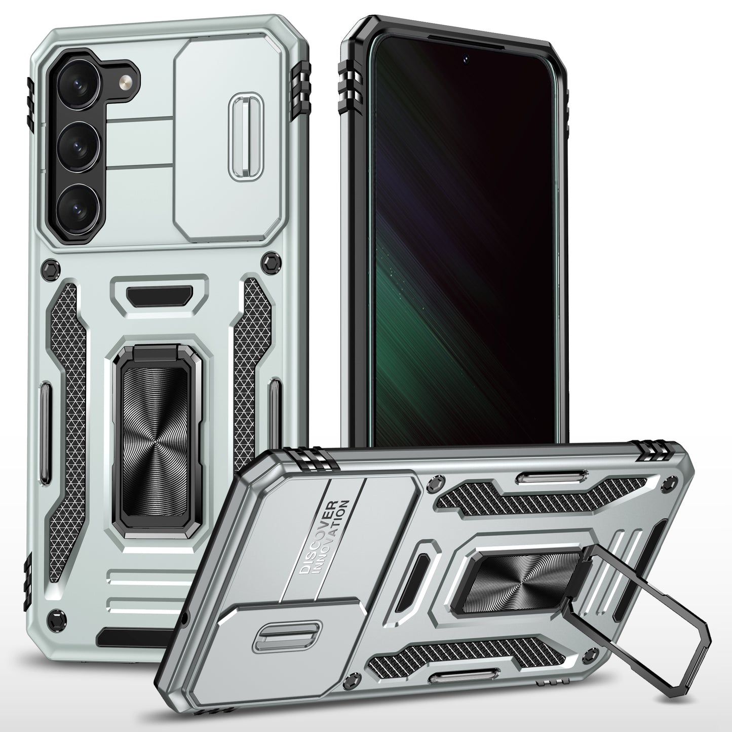 Armor Series For Samsung Galaxy S24 Case PC+TPU Shockproof Kickstand Smart Phone Back Protector with Slide Lens Lid - Grey
