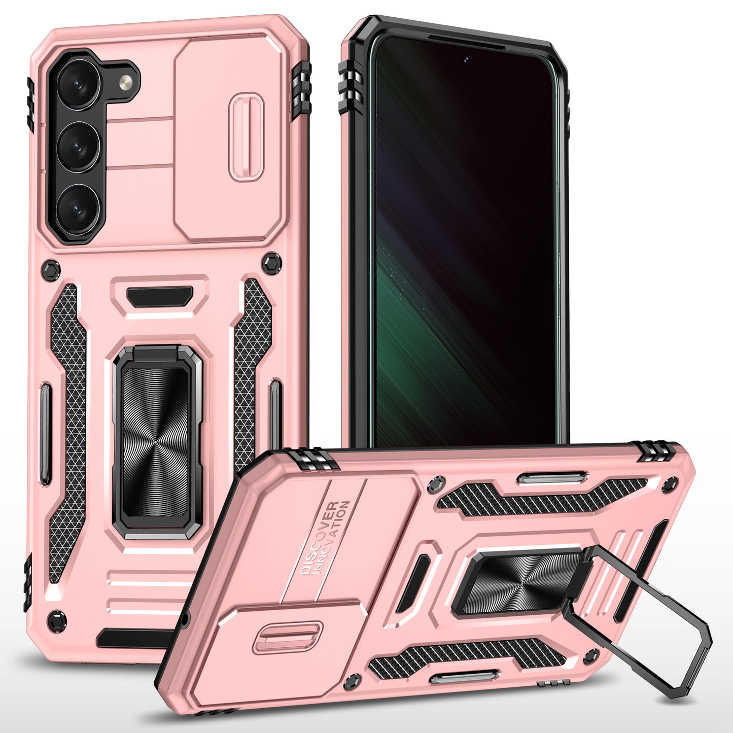 Armor Series For Samsung Galaxy S24 Case PC+TPU Shockproof Kickstand Smart Phone Back Protector with Slide Lens Lid - Rose Gold