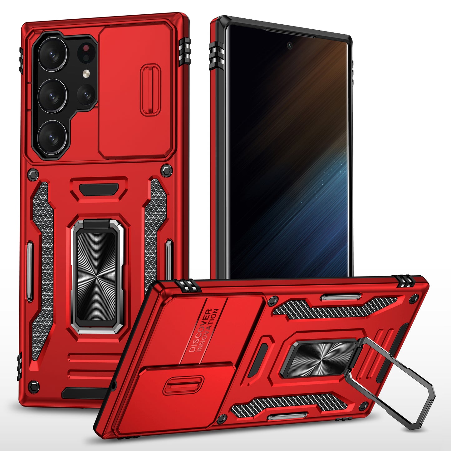 Armor Series For Samsung Galaxy S24 Ultra Case Slide Lens Protection Shockproof PC+TPU Kickstand Phone Cover - Red