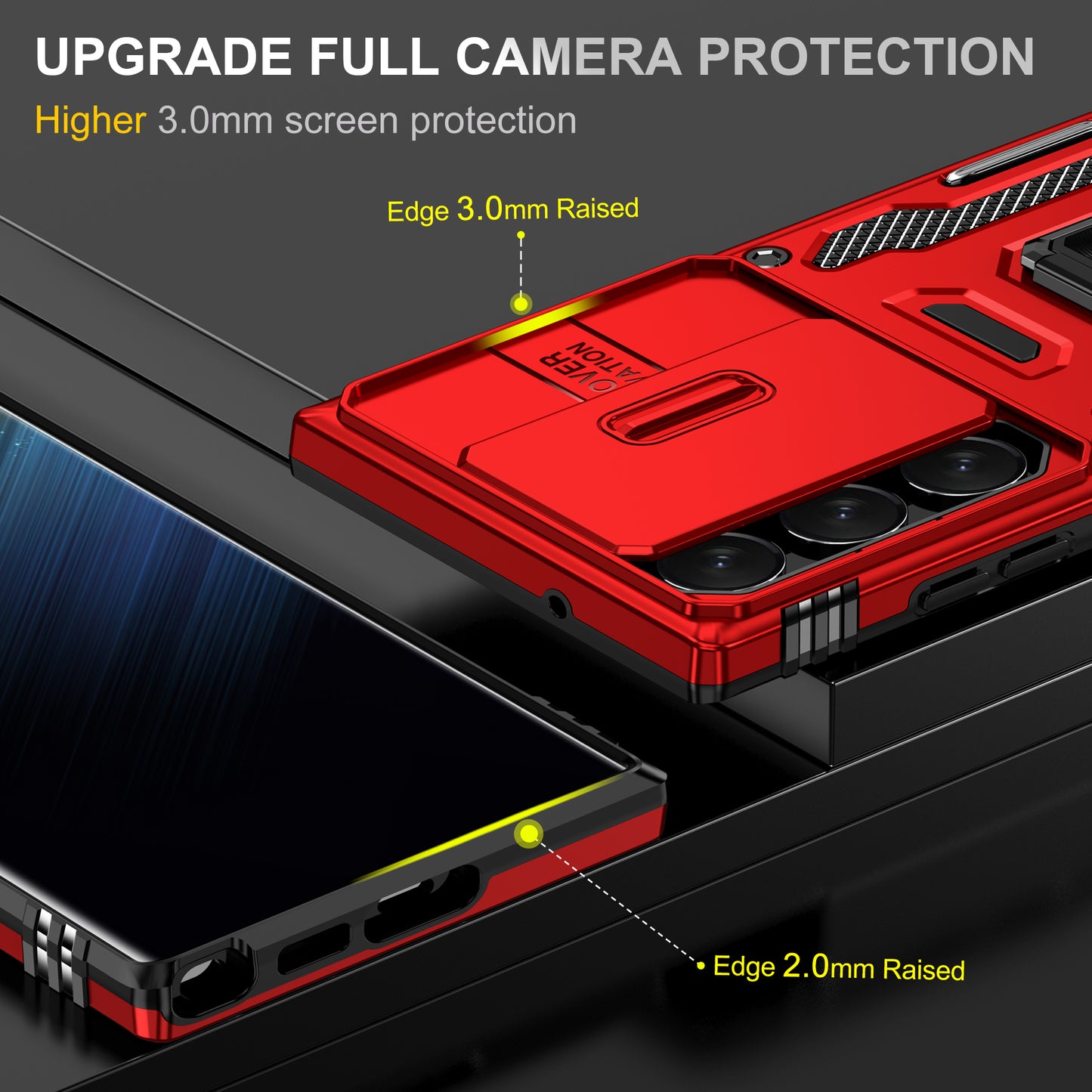 Armor Series For Samsung Galaxy S24 Ultra Case Slide Lens Protection Shockproof PC+TPU Kickstand Phone Cover - Red