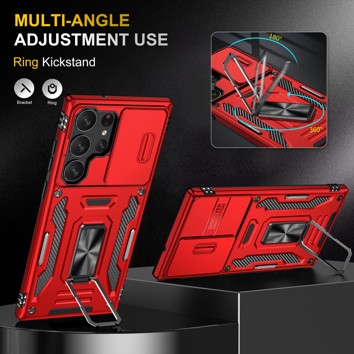 Armor Series For Samsung Galaxy S24 Ultra Case Slide Lens Protection Shockproof PC+TPU Kickstand Phone Cover - Red