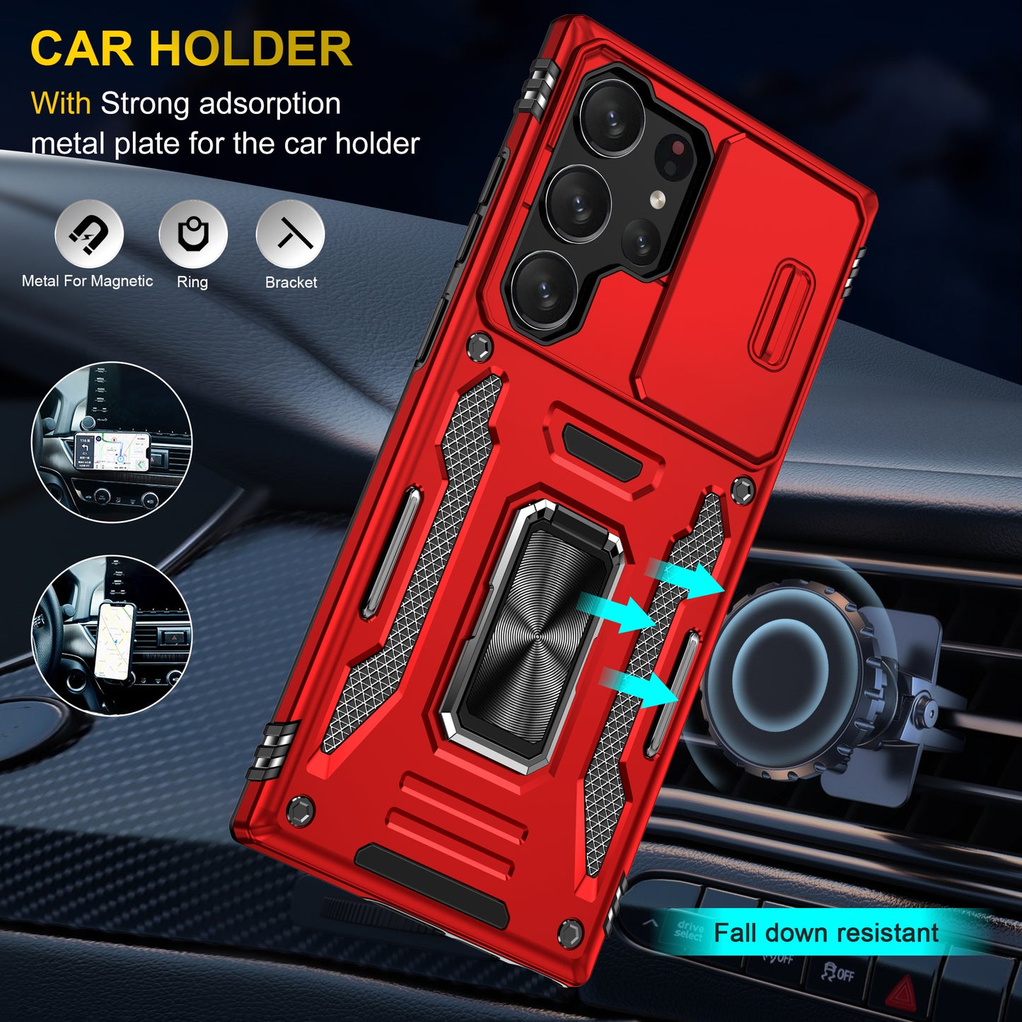Armor Series For Samsung Galaxy S24 Ultra Case Slide Lens Protection Shockproof PC+TPU Kickstand Phone Cover - Red