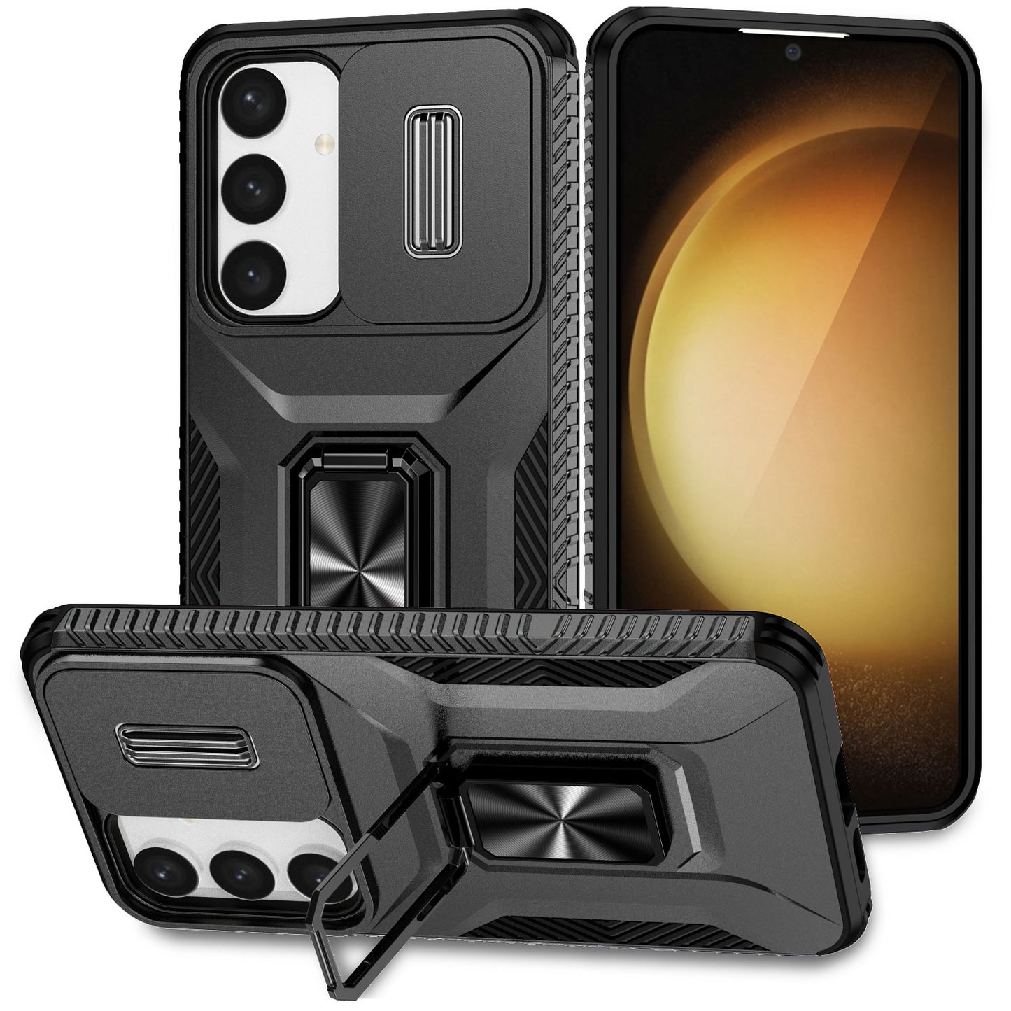 For Samsung Galaxy S24+ Case Kickstand Slide Lens Protection Phone Cover - Black