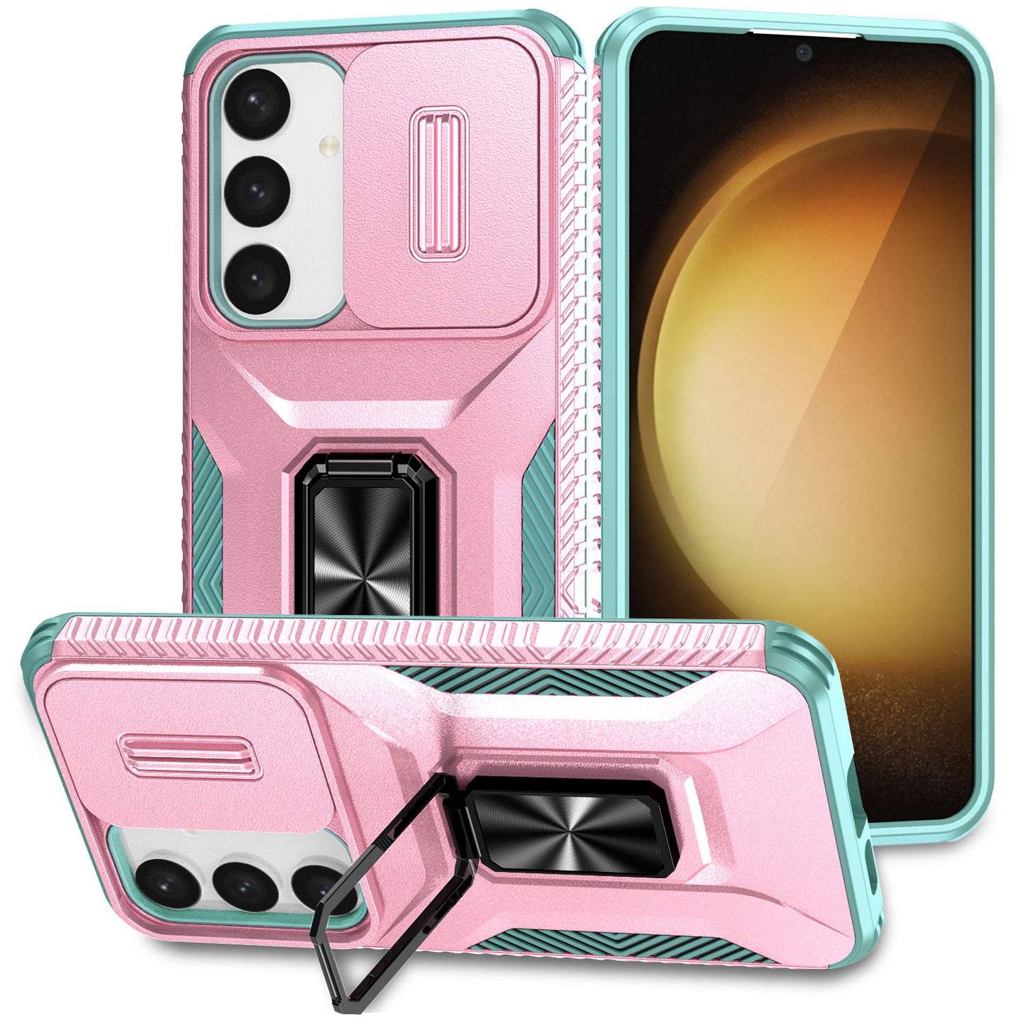 For Samsung Galaxy S24+ Case Kickstand Slide Lens Protection Phone Cover - Pink+Cyan