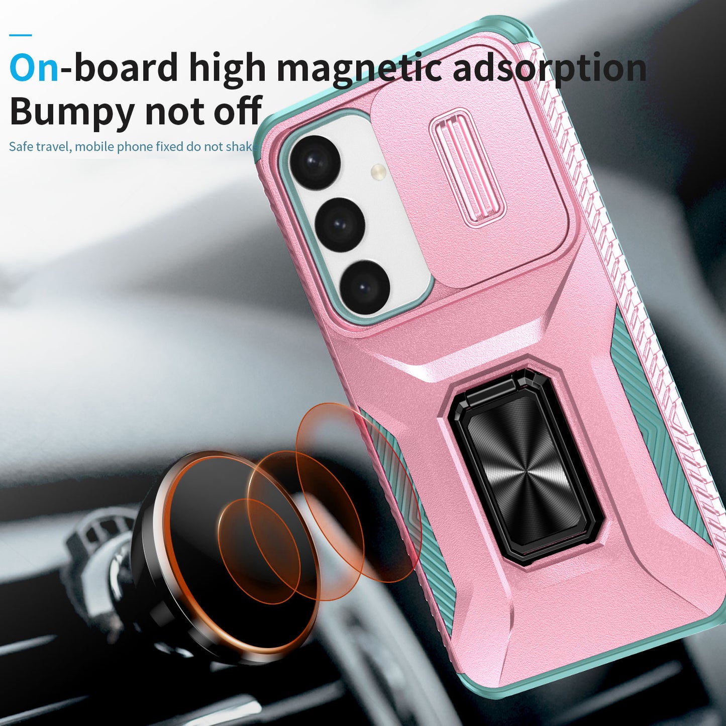 For Samsung Galaxy S24+ Case Kickstand Slide Lens Protection Phone Cover - Pink+Cyan
