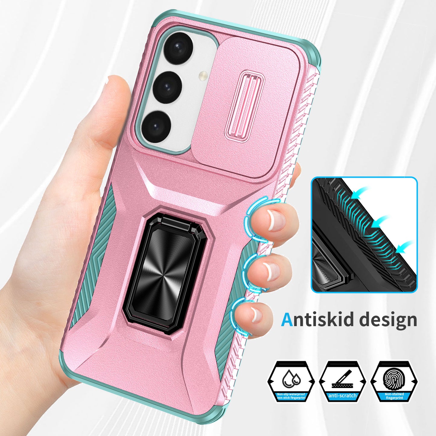 For Samsung Galaxy S24+ Case Kickstand Slide Lens Protection Phone Cover - Pink+Cyan