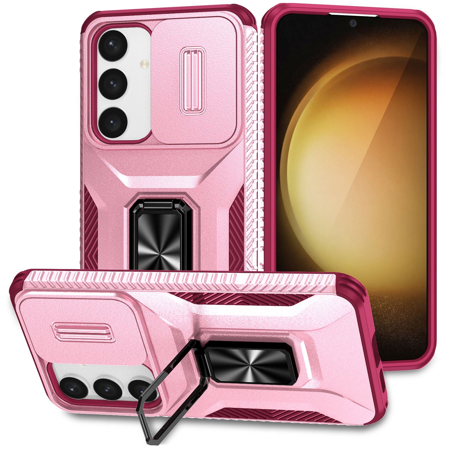 For Samsung Galaxy S24+ Case Kickstand Slide Lens Protection Phone Cover - Pink+Rose