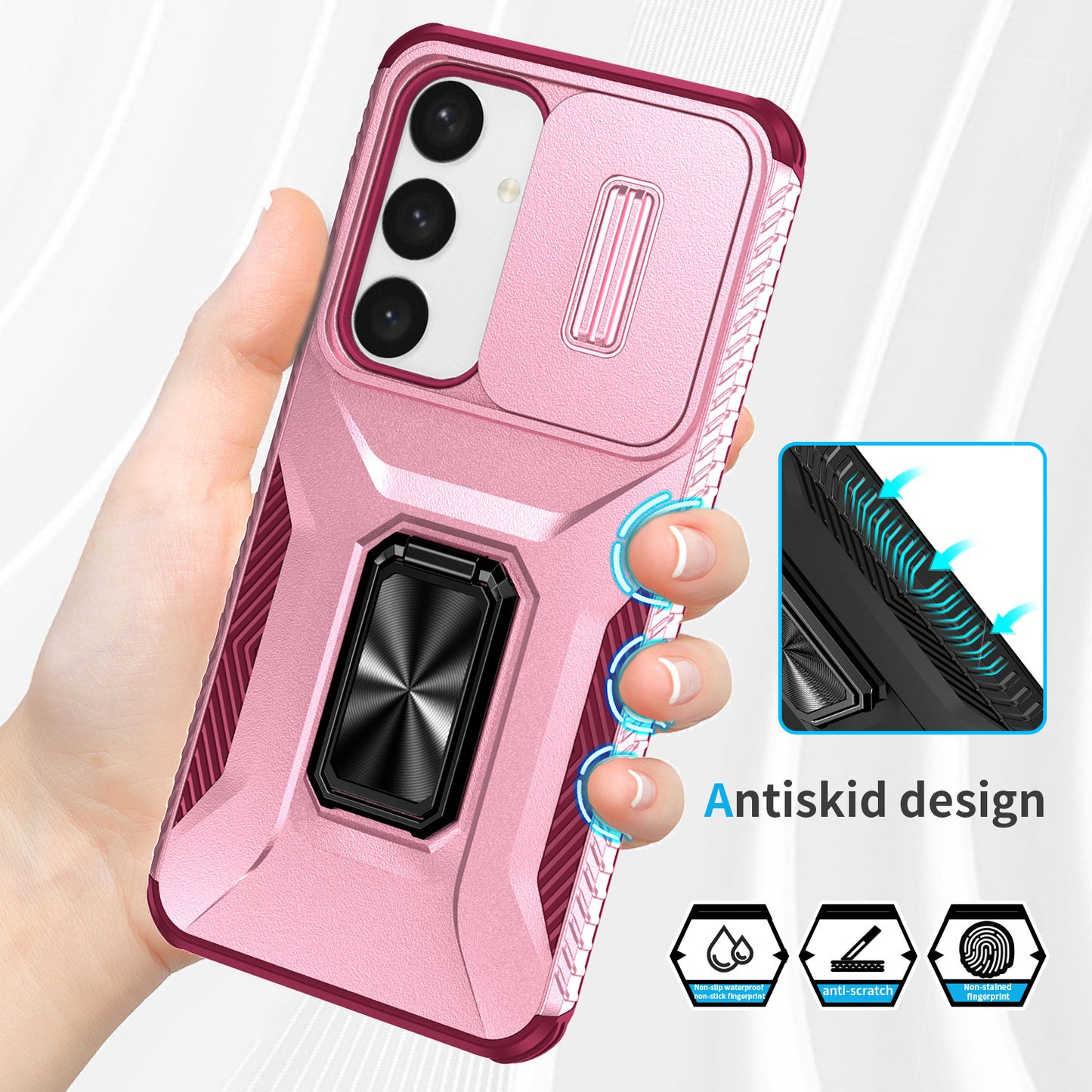 For Samsung Galaxy S24+ Case Kickstand Slide Lens Protection Phone Cover - Pink+Rose