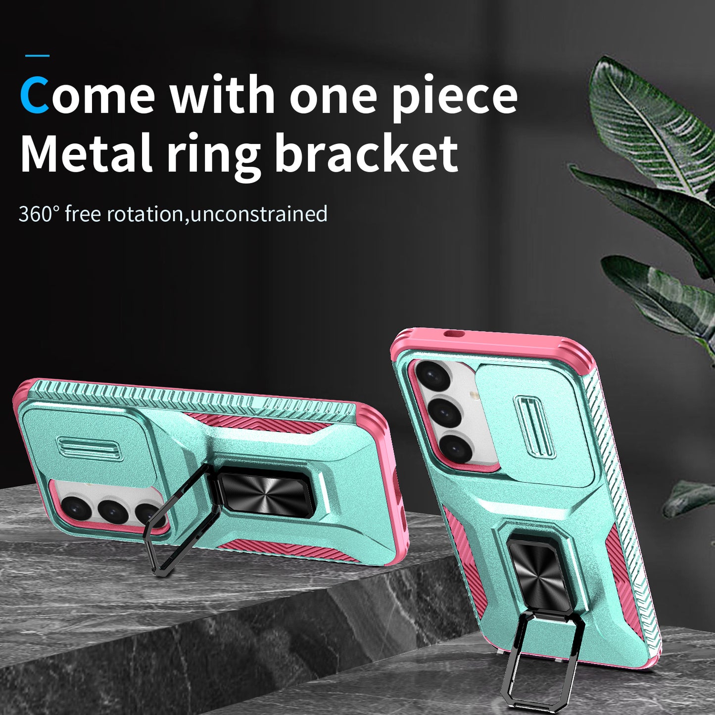 For Samsung Galaxy S24+ Case Kickstand Slide Lens Protection Phone Cover - Cyan+Pink